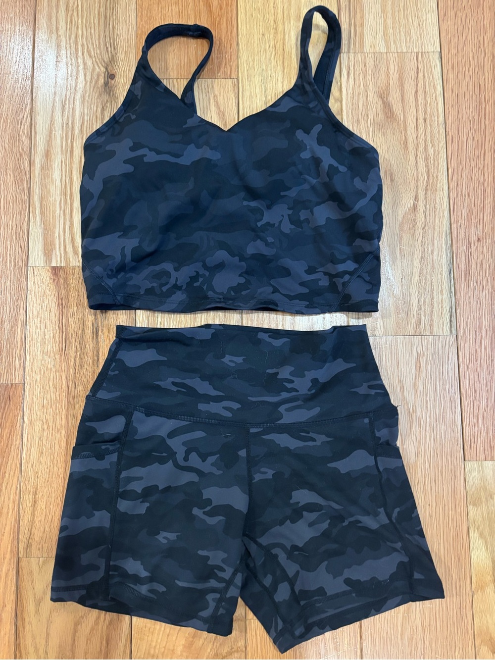 Black Camo Active Set containing  Crop Tank and Shorts- Women size medium